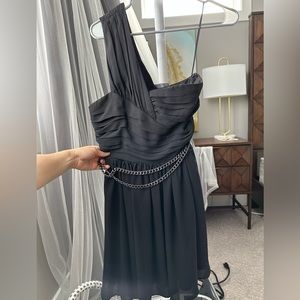 Gorgeous Express black one shoulder dress with chain belt size small